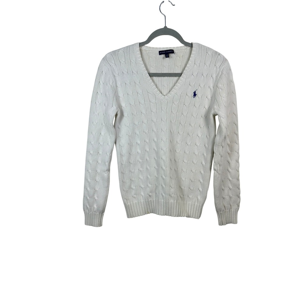 Ralph Lauren Cable Knit Sweater Women L White Good V-Neck Cotton Pony Logo